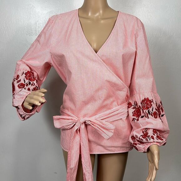 INC International Concepts Floral Embroidery Tie Waist Striped Blouse Top XL - Picture 2 of 10